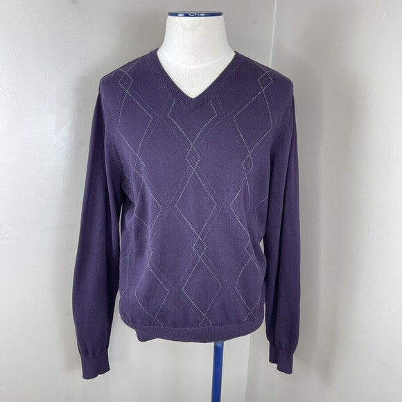 Van Heusen Mens V Neck Sweater Argyle Purple Cotton Size Large - Picture 1 of 11